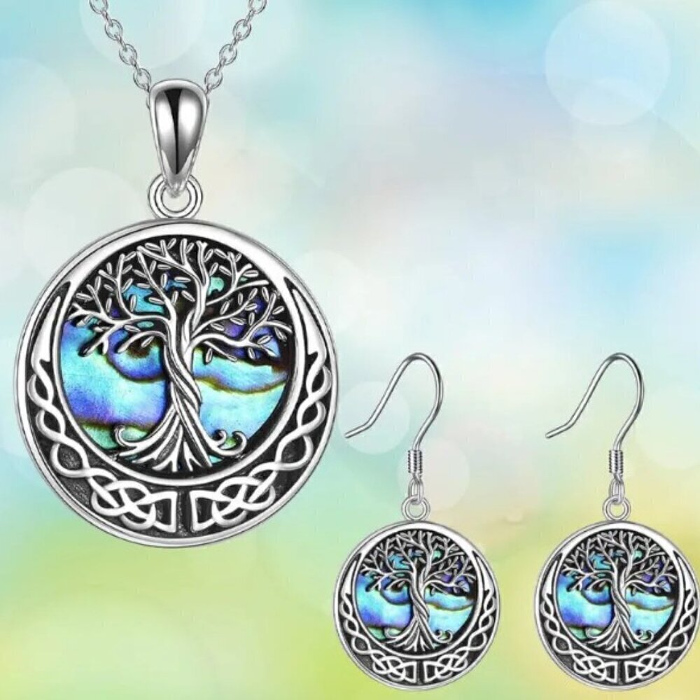 Tree Of Life Round Pendant Necklace & Earrings Set